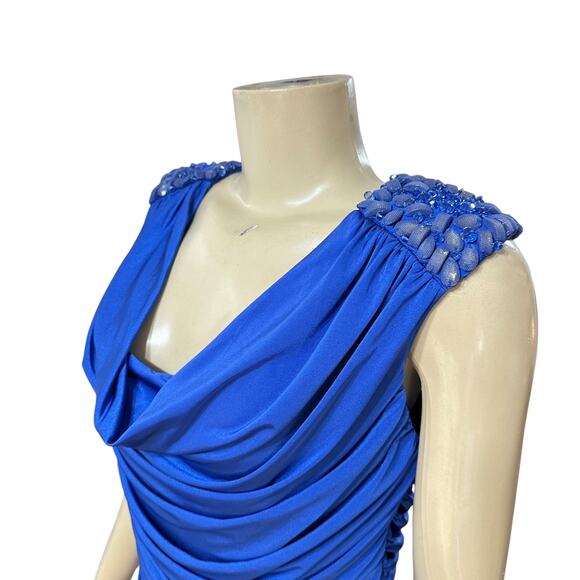 Tadashi Shoji Womens Cowl Neck Party Dress Y2K Blue Beaded Ruched Sleeveless - Picture 5 of 16